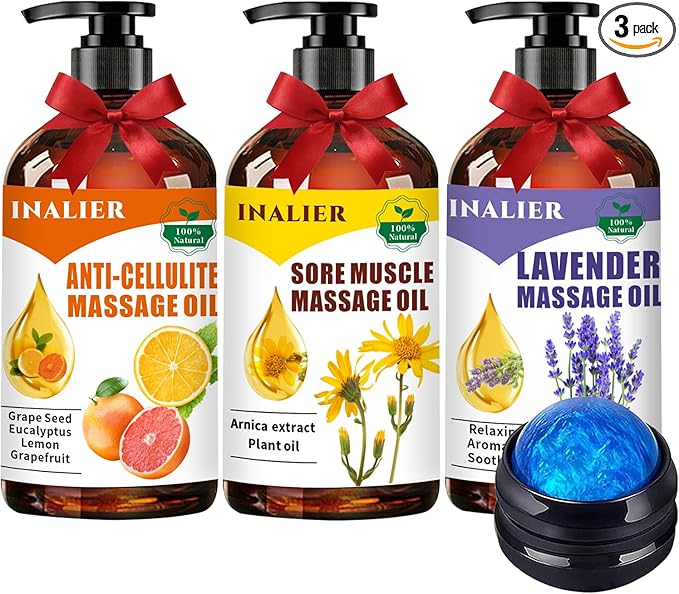 Massage Oils for Massage Therapy,Massage Kit Gifts for Women Men with Arnica, Lavender,Spa Gifts,3 Pack Cellulite,Sore Muscle & Lavender Massage Oils with Massage Ball