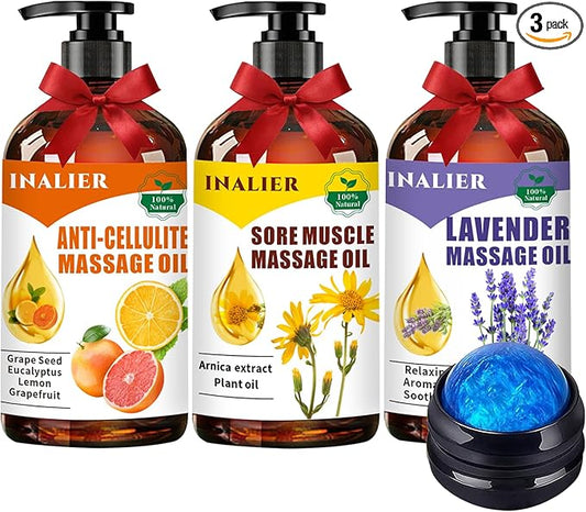Massage Oils for Massage Therapy,Massage Kit Gifts for Women Men with Arnica, Lavender,Spa Gifts,3 Pack Cellulite,Sore Muscle & Lavender Massage Oils with Massage Ball