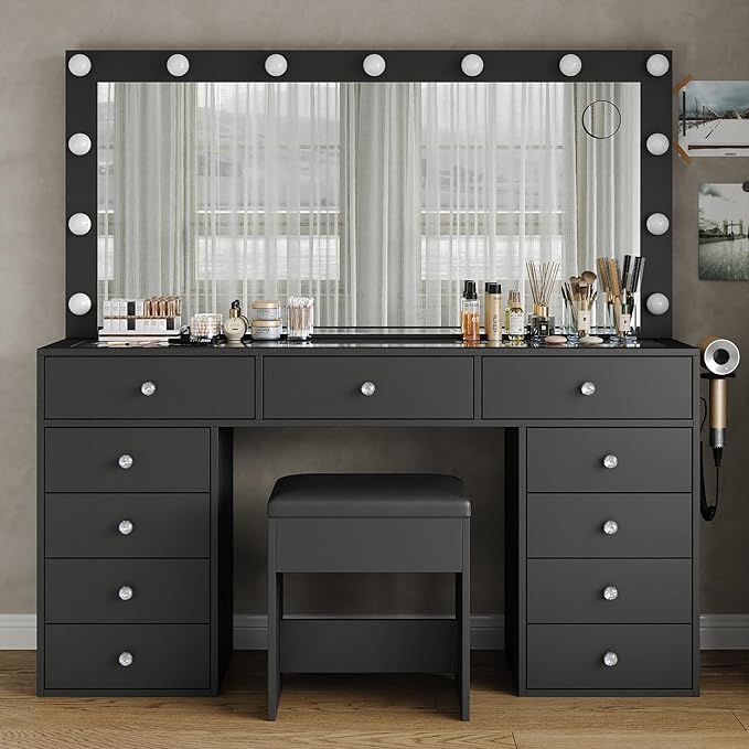 11 Drawers Makeup Vanity with Charging Station, Vanity Desk with 13 LED Bulbs and HD Mirror, 3 Color Brightness Adjustable, Glass Top Vanity Set for Bedroom, Black