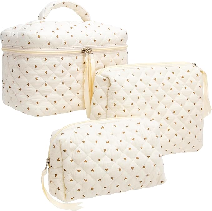 PAZIMIIK 3PCS Makeup Bag SET Large Travel Quilted Zipper Soft Cosmetic Case Pouch for Women Girls Make Up,Gauze Heart Coffee