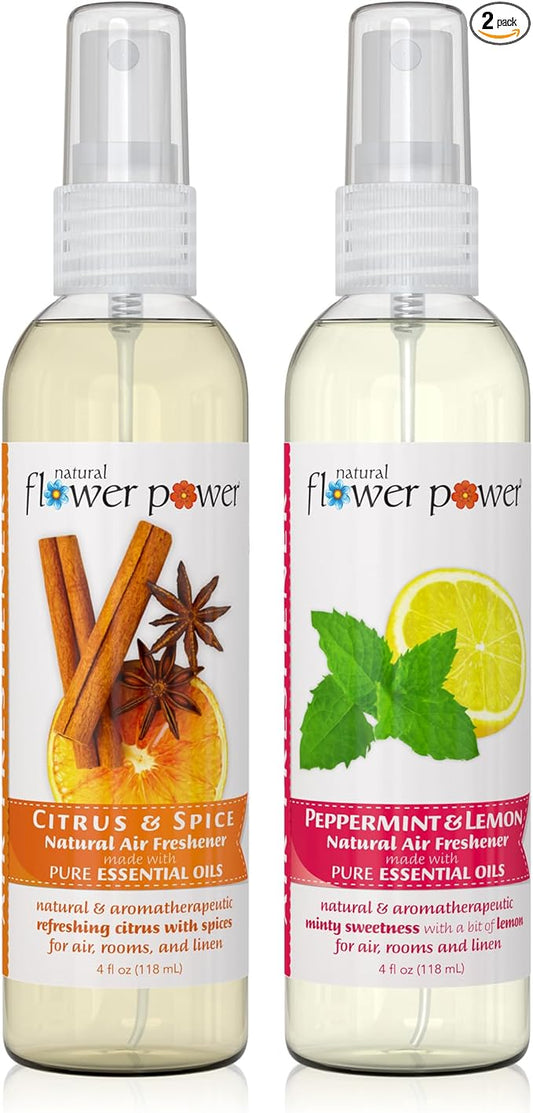 Air Freshener Spray - Odor Eliminator w/Essential Oils - Home, Car & Fabric - Cruelty Free & Vegan - Variety Pack - Citrus & Spice and Peppermint & Lemon - 2 x 4 fl oz