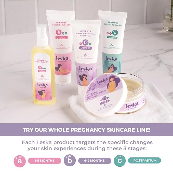 Leska Pregnancy Stages A & B Set | Belly Lotion, Belly Oil, Stretch Mark Defense Cream & Belly Butter | Pregnant Mom Months 1-9 | Part of Complete 3-Part Pregnancy Skincare System (Set of 4, 4-4.93oz)
