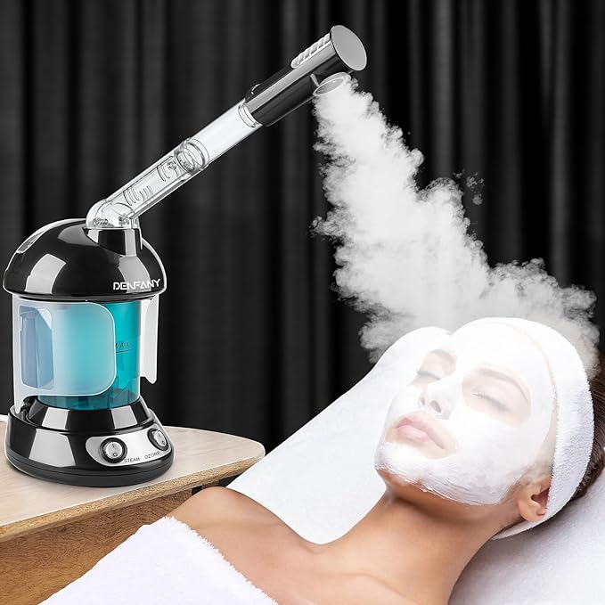Facial Steamer - DENFANY Nano Ionic Face Steamer with Extendable 360° Rotating Arm - Portable Facial Steamer for Personal Care at Home or Salo (Black)