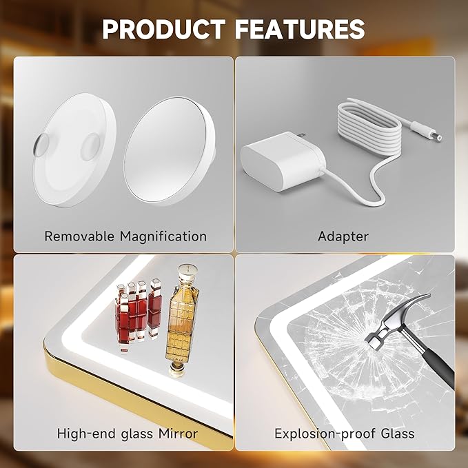 Hasipu Vanity Mirror with Lights, 31.5" x 22" LED Makeup Mirror, Lighted Makeup Mirror with Dimmable 3 Modes, Touch Screen Control Vanity Mirror Round Gold