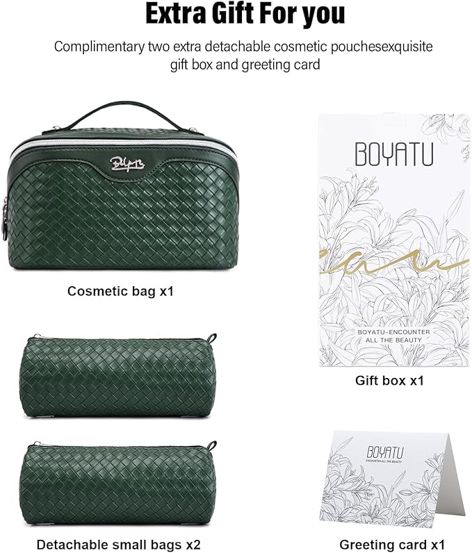 BOYATU Travel Makeup Bag Cosmetic Bags for Women: Large Capacity 3 Pcs Set Make up Bag with Compartments - Waterproof Vegan Leather Toiletry Organizer Bags with Handle - Travel Essentials(L06 Olive)