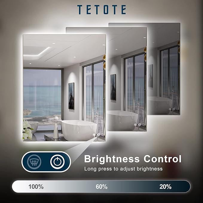 TETOTE 24 x 32 Inch LED Backlit Bathroom Vanity Mirror,Anti-Fog,Dimmable,CRI90+,Touch Button,Water Proof,Horizontal/Vertical Wall Mounted with Light