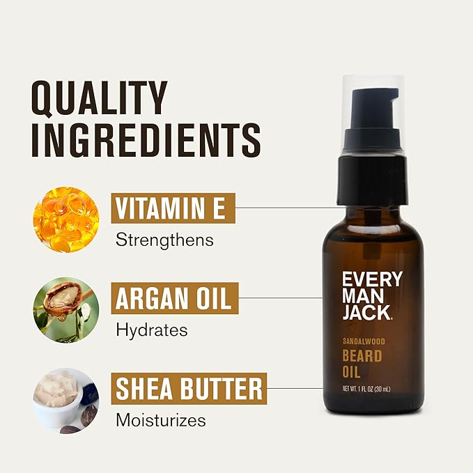 Every Man Jack Mens Beard Oil - Subtle Sandalwood Fragrance - Deeply Moisturizes and Softens Your Beard and Adds a Natural Shine - Naturally Derived with Shea Butter and Argan Oil - 1 fl oz (2 Pack)