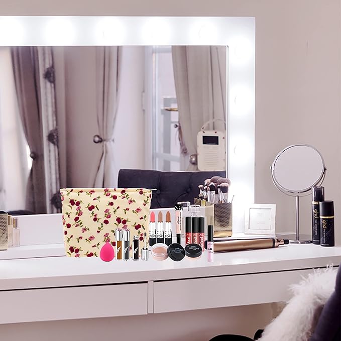 PAZIMIIK Makeup Bag Large Zipper Corduroy Make Up Pouch for Purse Travel Canvas Cosmetic Organizer for Women Brush Storage,Vintage Rose Beige