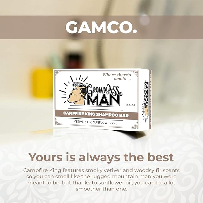 Solid Shampoo Bar Rich Lather 3 in 1: Hair, Beard & Body Wash - Plastic Free & Eco-Friendly, Natural & Organic Clean for All Hair Types, 4oz Bar (Campfire King, Single)