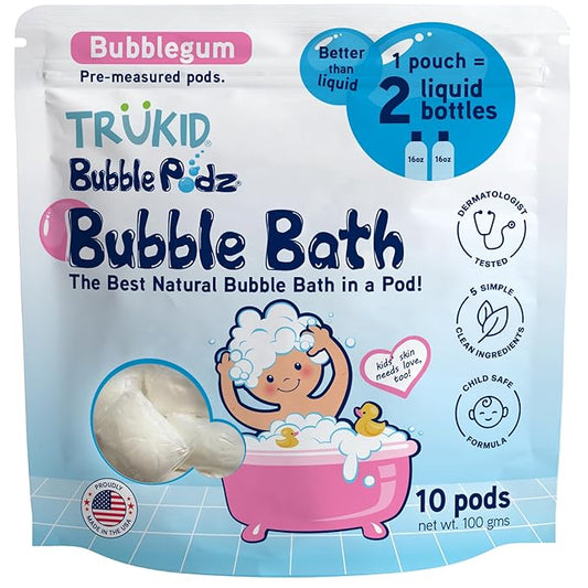 TruKid Bubble Podz Bubble Bath for Kids, Toddlers, & Babies, Tear Free Gentle & Refreshing Bath Bomb for Sensitive Skin with Natural Moisturizers, Non-Toxic, pH Balanced, Bubble Gum Scent (10 Podz)