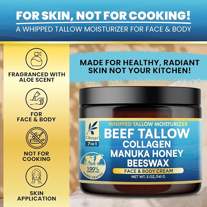 Organic Beef Tallow for Skin, Organic Grass-Fed Beef Tallow Balm with Manuka Honey, Aloe Vera, Jojoba Oil, Collagen & Beeswax, Olive Oil, Moisturizer for Dry Skin, Nourishes Face, Body & Lips (2 Pack)