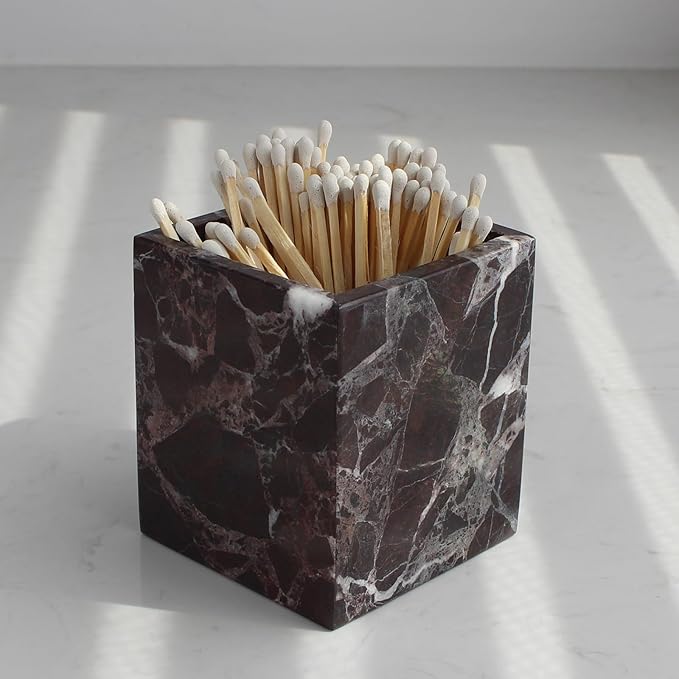 Natural Rosso Levanto Marble Square Storage Container for Toothbrush/Makeup Brush/Pens, Countertop Organizer Bathroom