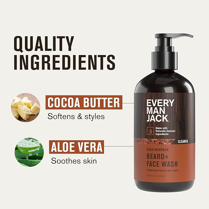 Every Man Jack Beard + Face Wash - Subtle Aged Bourbon Fragrance - Cleans and Helps Condition and Soften Your Beard and Skin Underneath - Naturally Derived with Aloe and Glycerin- 6.7 fl oz (2 Pack)