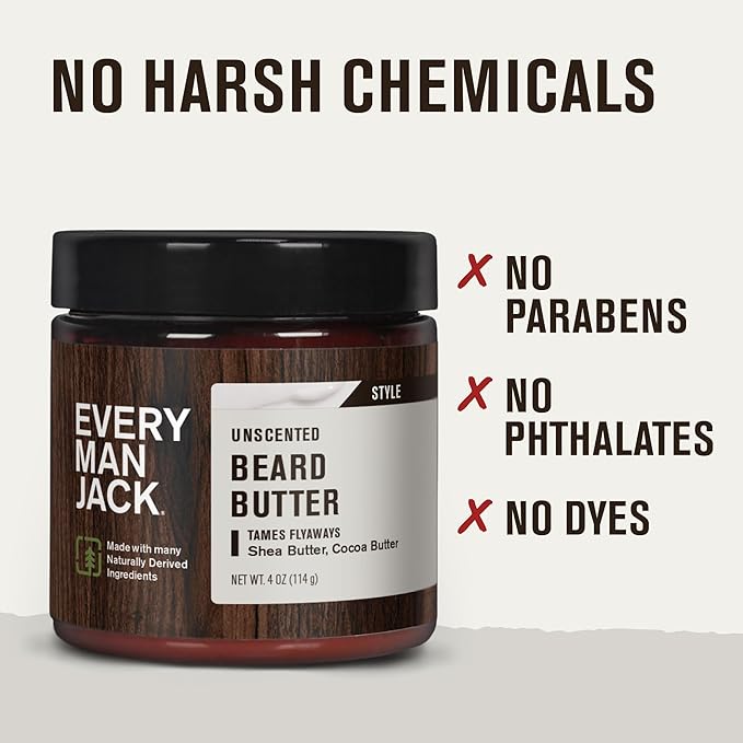 Every Man Jack Unscented Beard Butter - Fragrance Free for Sensitive Skin - Rejuvenates, Hydrates, and Styles Dry, Unruly Beards - Naturally Derived with Shea Butter and Coconut Oil - 4oz (2 Pack)