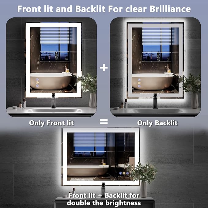 24"x 32" LED Mirror for Bathroom, Front and Backlit Controlled Separately LED Wall Vanity Mirror, LED Vanity Mirror with Lights, Stepless Dimmable, Anti Fog, Tempered Glass, Memory (UL ETL)