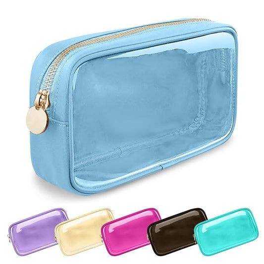 Clear Small Makeup Bag with Zipper, Nylon&PVC Cosmetic Travel Bag Preppy TSA Approved Toiletry Bag for Women Girls, Transparent Waterproof Makeup Pouches Cute Travel Bag for Purse(Small-Blue)