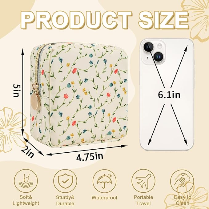 Waterproof Mini Floral Makeup Bag Pouch for Purse,Nylon Flower Cosmetic Bag Small Preppy Toiletry Organizers Bag for Women Girl,Cute Zipper Pouch Coin Purse for Work(Mini Light Yellow-Flowers)