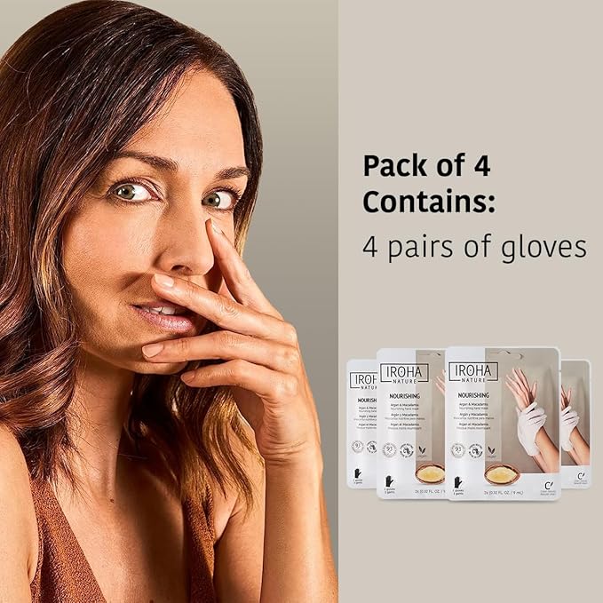 IROHA NATURE Nourishing Hand Mask Gloves | 4 Pairs | Argan & Macadamia Oil | Intense Nutrition for Dry Hands | 93% Natural Ingredients | Vegan