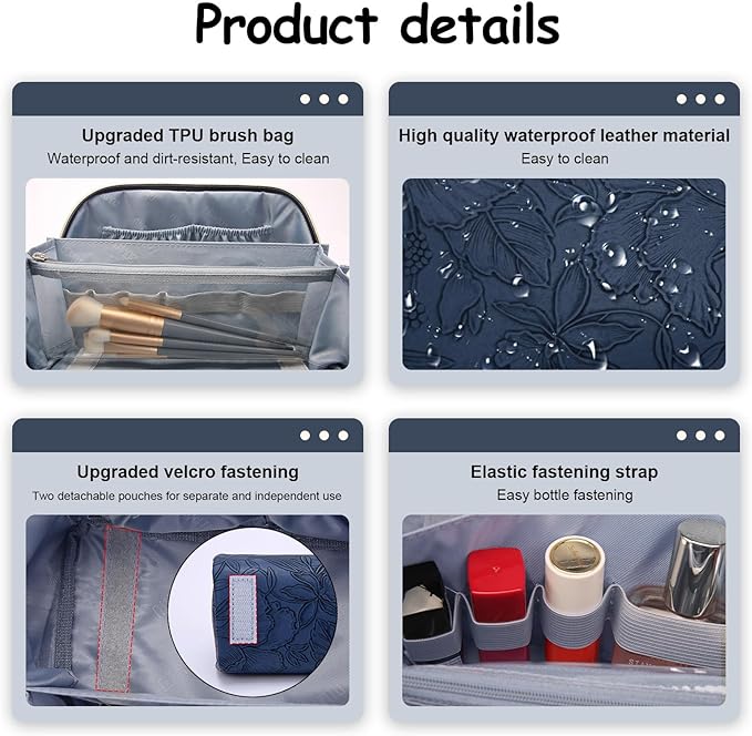 BOYATU Travel Makeup Bags Cosmetic Organizer Bag: 3-Set Large Capacity Make up Bag - PU Leather Toiletry Bags for Women - Wide Open Portable Pouch with Divider & Handle (02-Dark Blue)