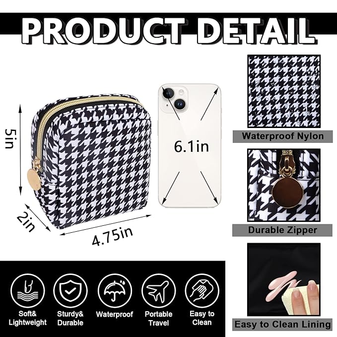 Mini Makeup Pouch for Purse， Small Cosmetic Bag Pouch Nylon Travel Toiletry Organizers for Women Girls, Cute Storage Zipper Pouch Coin Purse for School Work Camping(Mini-Houndstooth)