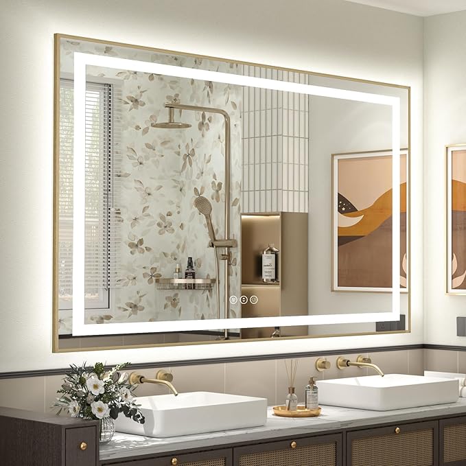 OKPAL Gold LED Bathroom Mirror with Lights, 50x40 Frontlit & Backlit Lighted Bathroom Mirror, LED Vanity Framed Mirror, Anti-Fog, Dimmable, 3 Colors, Shatterproof, ETL Listed