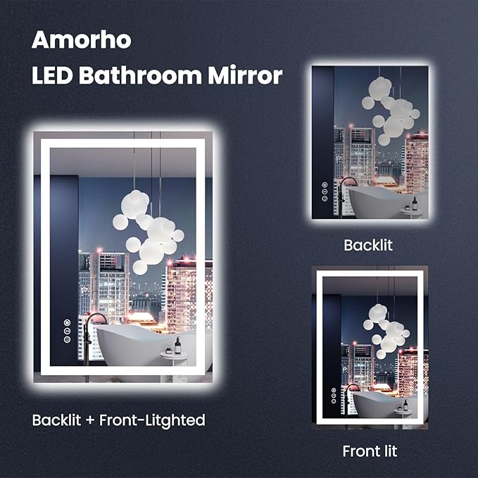 Amorho LED Mirror for Bathroom 28X20 Inch with Backlight and Front Lit, Fogless Mirror for Wall Mounted, Dimmable, 3 Colors, Memory