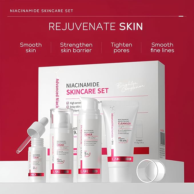 Niacinamide Skincare Set: 4pcs Beauty Kit with Cleanser, Toner, Serum, & Facial Cream - Hydrates & Evens Skin Tone - TSA-Friendly Travel Sizes, Perfect Gift for Women, Moms, & Teens