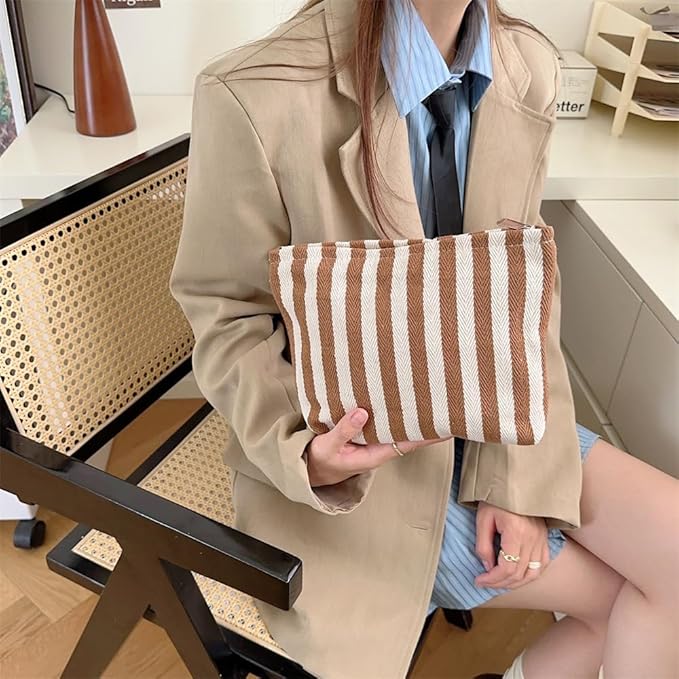 PAZIMIIK Makeup Bag Large Cotton Zipper Pouch for Purse Travel Canvas Make Up Organizer for Women Cosmetic,Stripe Coffee