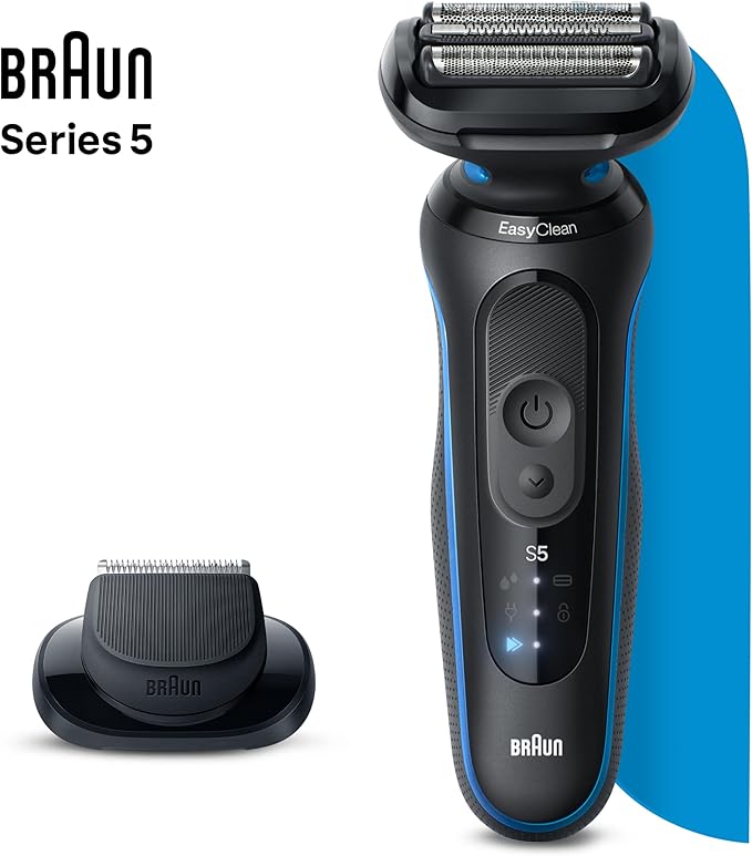 Braun Electric Shaver for Men, Series 5 5120s, Wet & Dry Shave, Turbo Shaving Mode, Foil Shaver, Engineered in Germany, with Beard Trimmer & Attachments, Blue