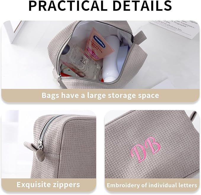 Personalized Embroidered Makeup Bag,Custom Waffle Fabric Cosmetic Pouch for Women, Travel Makeup Pouch (3, Gray)