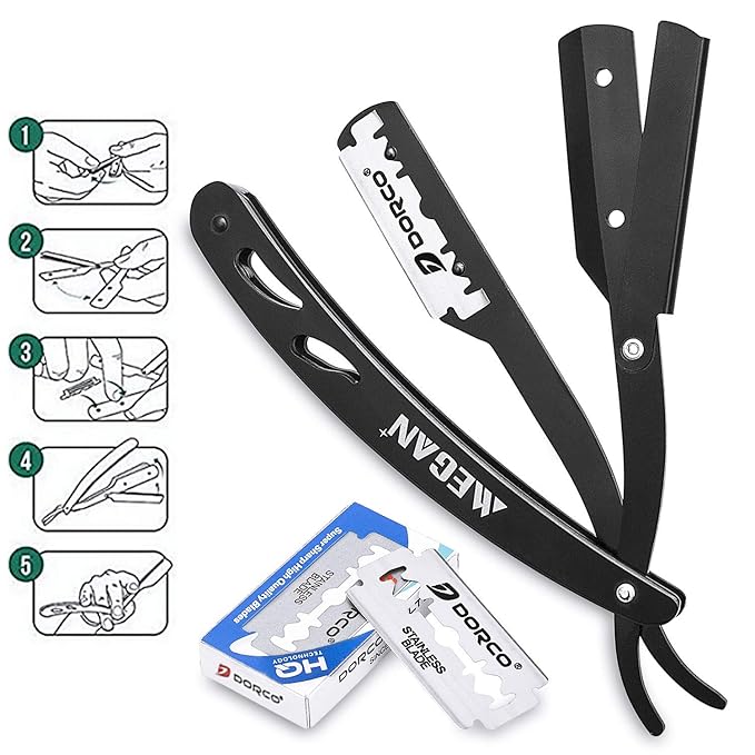 Megan Beard shaping tool,5 piece set beard shaper - include Professional Straight Edge Razor,beard template,10 Count of double edge blades,barber pencil and Stainless steel scissors.