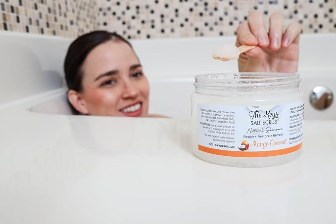 The Keys Salt Scrub -Sea Salt Scrub - Exfoliating Body Scrub with Wooden Spoon - Moisturizing Exfoliator for Hands, Foot, Bath, (12 Ounce (Pack of 1), Mango Coconut)
