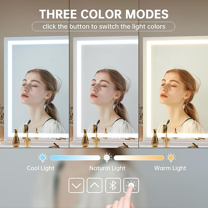 Hasipu Vanity Mirror with Lights and Bluetooth Speaker, 55" x 35.8" LED Makeup Mirror, Lighted Makeup Mirror with Dimmable 3 Modes, Touch Screen Control Vanity Mirror Square White