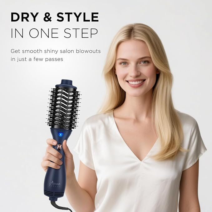 One Step Hair Dryer & Volumizing Brush, Aima Beauty Hair Styling Tool - Ceramic Straightener, Curler, Hot Air Styler & Ionic Salon Brush, Prussian Blue
