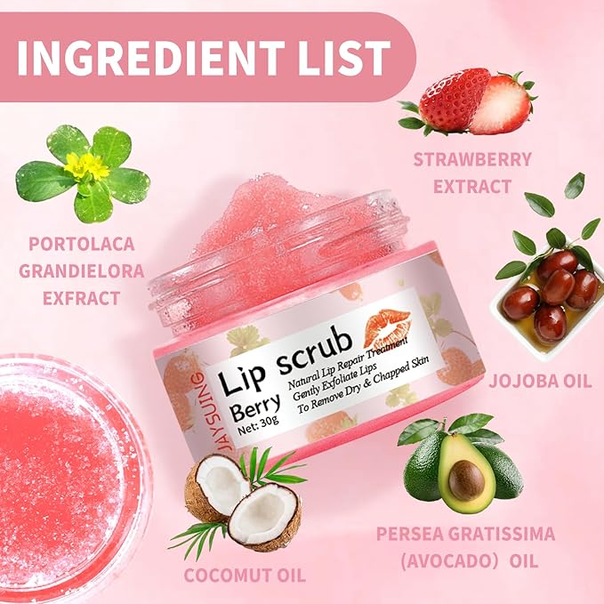 Lip Scrub, Natural Lip Scrub Exfoliator, 2Pcs Lip Exfoliator Lip Scrub for Dark Lips to Lighten,Repair Dry Lips,Chapped Lips (Berry)