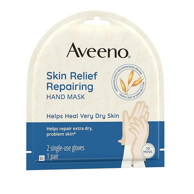 Aveeno Skin Relief Repairing Hand Mask, Moisturizing Gloves with Prebiotic Oat & Shea Butter for Very Dry Skin, Hand Care for Sensitive Skin, Fragrance-Free, 1 Pair of Single-Use Gloves