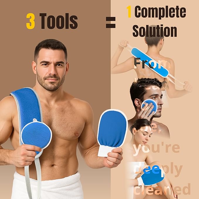 Exfoliating Glove Set (Original) – 3 Pieces Moroccan Hammam Scrub Mitts for Face, Body & Back – Deep Skin Cleansing & Dead Skin Removal – Reusable Spa Exfoliator – Assorted Colors (TURQOUISE)