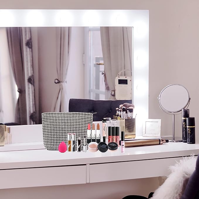 Makeup Bags for Purse Zipper Cosmetic Pouch Large Travel Canvas Make Up Organizer Tool Pouch for Women and Girls,Houndstooth Black