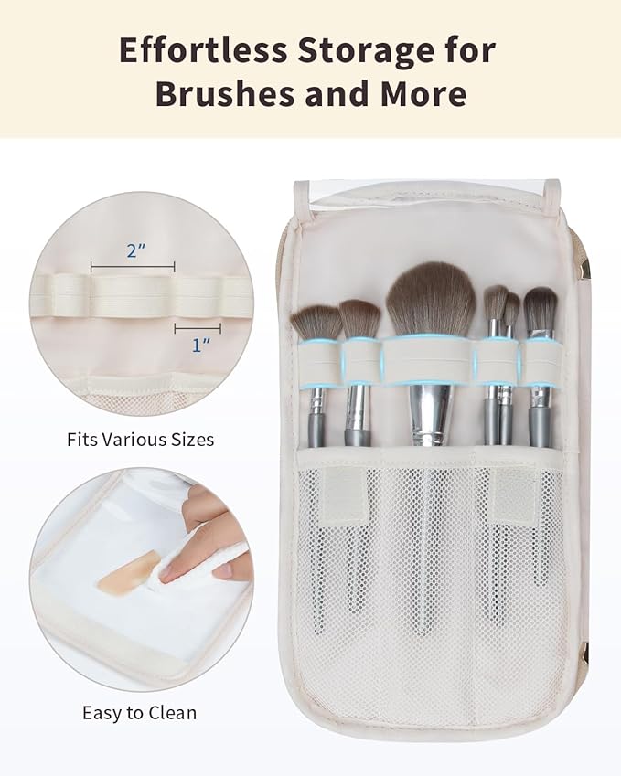 WANDF Travel Toiletry Bag for Women, Wide-open Large Makeup Bag with Handle, Puffy Makeup Organizer for Toiletries, Cosmetics, Accessories, Essentials (Light Khaki)