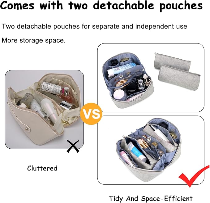 BOYATU Travel Makeup Bags Cosmetic Organizer Bag: 3-Set Large Capacity Make up Bag - PU Leather Toiletry Bags for Women - Wide Open Portable Pouch with Divider & Handle (03-Light Gray)