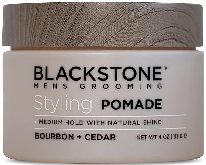 Blackstone Men's Grooming Hair Styling Pomade - Medium Hold with Natural Shine | Paraben & Cruelty | Made in USA, Bourbon + Cedar (4 oz)