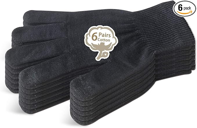 Evridwear Men Moisturizing Cotton Gloves with Touchscreen Fingertips for Eczema Beauty Cosmetic Dry Hands Sensitive Irritated Skin Therapy Overnight Bedtime, 6 Pairs, Lightweight-Black, L/XL
