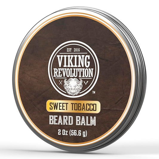 Viking Revolution Sweet Tobacco Beard Balm - Tobacco Scented Beard Butter with Argan Oil & Jojoba Oil - Softens and Moisturizes Beards for Men (2oz, 1 Pack)
