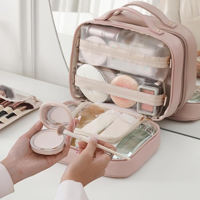 RIGHT AWAY Travel Toiletry Bag for Women, Waterproof Makeup Bag&Case, Portable Cosmetic Organizer Checkered Make up Bag for Full Sized Toiletries，Cosmetics and Travel-Size Accessories,Pink Checkered