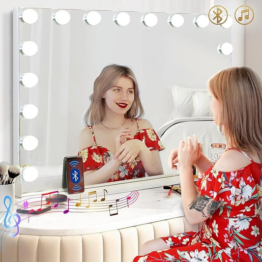 Hansong Vanity Mirror with Lights and Bluetooth Extra Large Hollywood Makeup Mirror with 18 pcs LED Bulbs Lighted Mirror with USB Charging,3 Color Lighting Modes Tabletop or Wall Mount