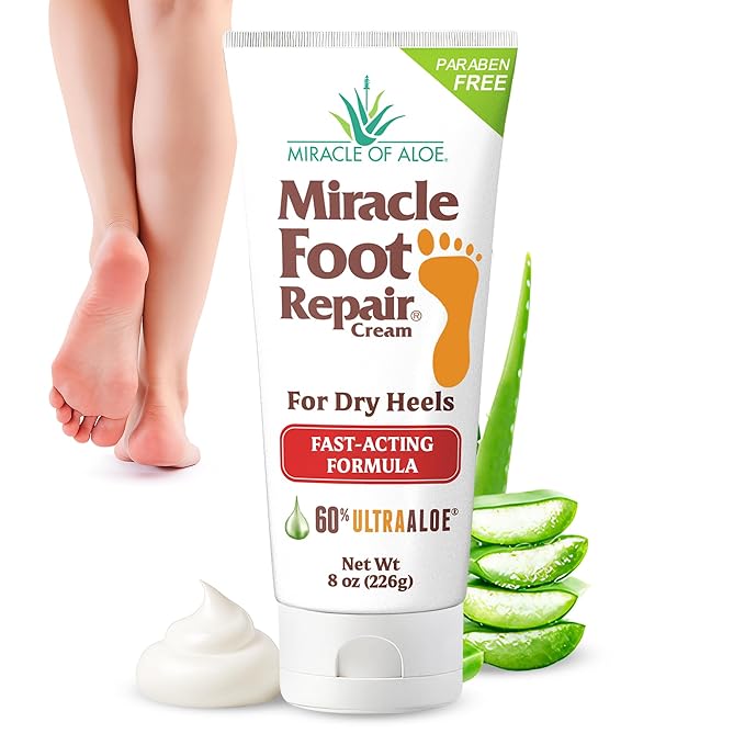 Miracle Foot Repair Cream (8 oz) Repairs Dry Cracked Heels and Feet, 60% Pure UltraAloe Moisturizes, Softens, and Repairs