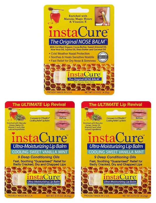 InstaCure Original Nose Balm With Raw Manuka Honey Vitamin E Shea Butter Aloe Vera Oil And Vanilla Mint Ultra-Moisturizing Max Repair/Protective Lip Balm - Fast Relief for Dry Nose & Soreness (3 Pack)