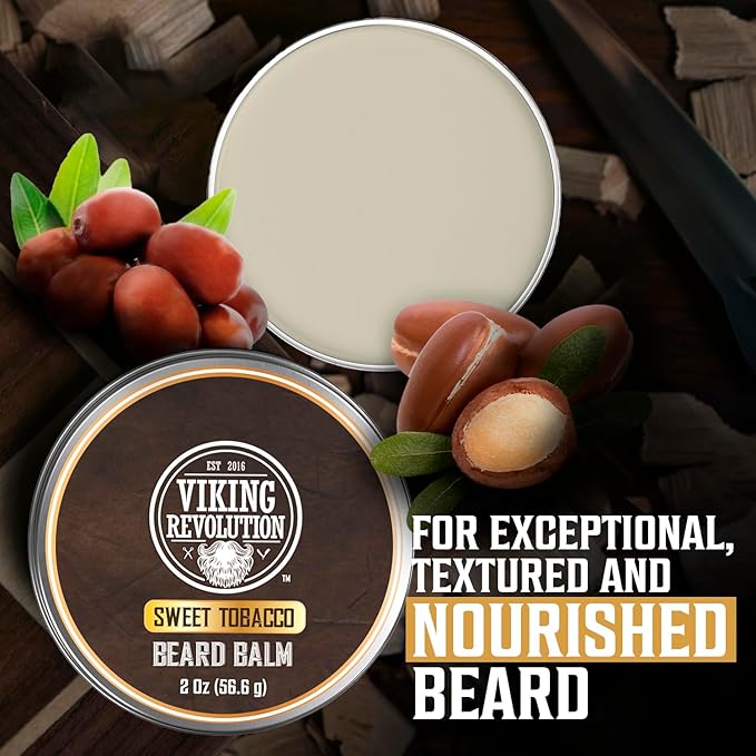 Viking Revolution Sweet Tobacco Beard Balm - Tobacco Scented Beard Butter with Argan Oil & Jojoba Oil - Softens and Moisturizes Beards for Men (2oz, 1 Pack)