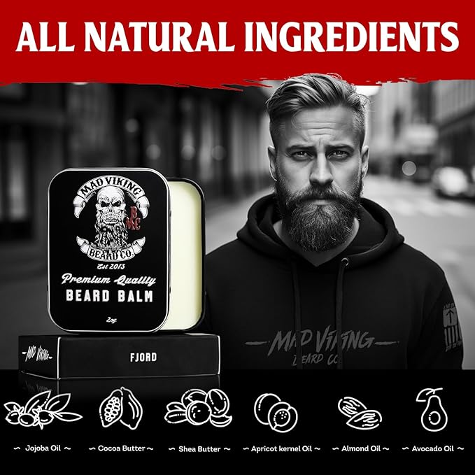 Mad Viking Fjord Beard Balm – Non-Greasy Balm to Soften & Style with a Medium Hold - Made with Shea Butter, Beeswax & Premium Oils – Crisp Clean Citrus & Woodsy Scent, Made in the USA - 2oz