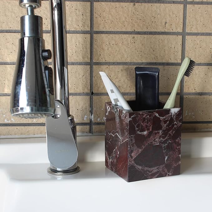 Natural Rosso Levanto Marble Square Storage Container for Toothbrush/Makeup Brush/Pens, Countertop Organizer Bathroom
